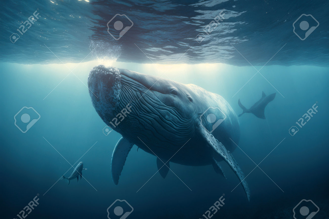 아름다운 고래가 바다에서 수영하고 있습니다. 자연 환경에서 가장 큰 바다 물고기, 디지털 일러스트레이션 페인팅, 생성 AI 로열티 무료  사진, 그림, 이미지 그리고 스톡포토그래피. Image 204442128