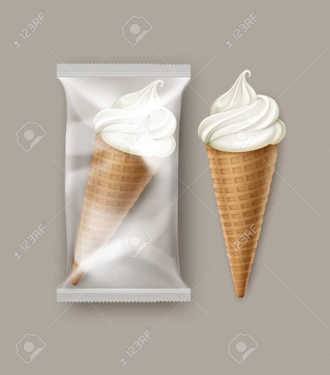 ベクトル ホワイト クラシック ソフト提供アイス クリーム ワッフル コーンにブランディング パッケージ デザインをクローズ アップ白背景に分離された透明のプラスチック箔ラッパーを使った のイラスト素材 ベクタ Image