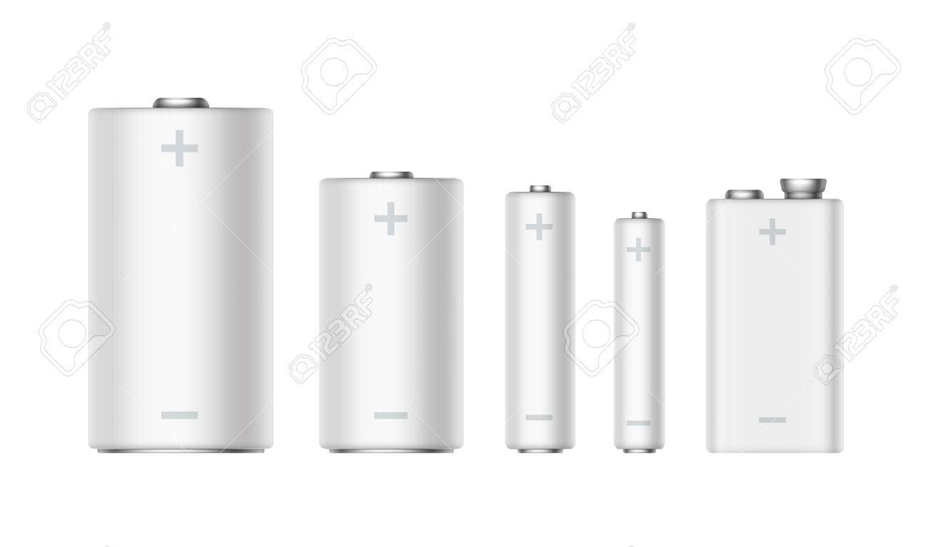 vector set of white glossy alkaline batteries of diffrent size aaa batteries size