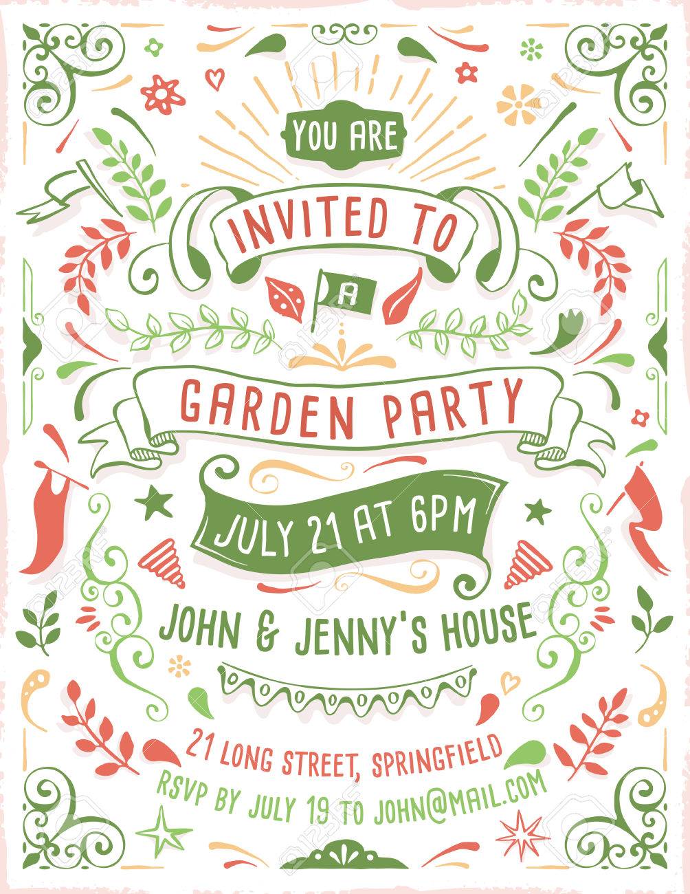 hand drawn summer party invitation template with ribbons flowers