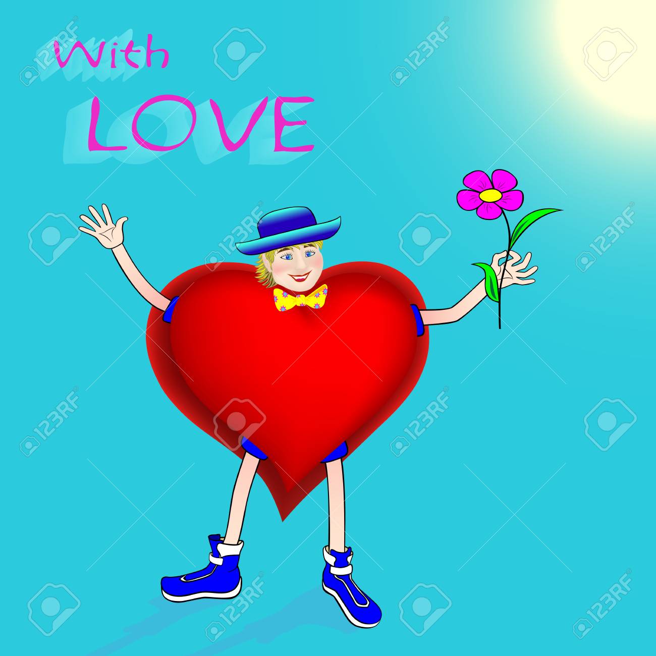 Vettoriale Biglietto Di Auguri Con Amore L Uomo Il Cuore Di Una Giornata Di Sole Di Gioia Ti Da Un Fiore Image