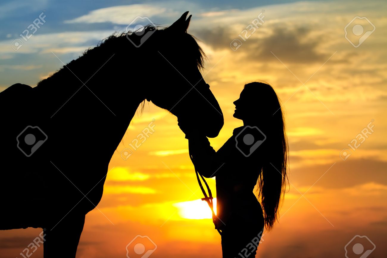Girl With Horse Silhouette Against Sunset Sky Stock Photo, Picture and  Royalty Free Image. Image 44705905., image size:1300x866