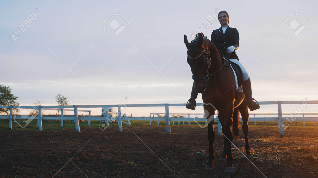 直立 女体 焦点は馬に直立して座っている若い女性にあり、正面からの眺めです。高品質の写真の写真素材・画像素材 Image 183084957