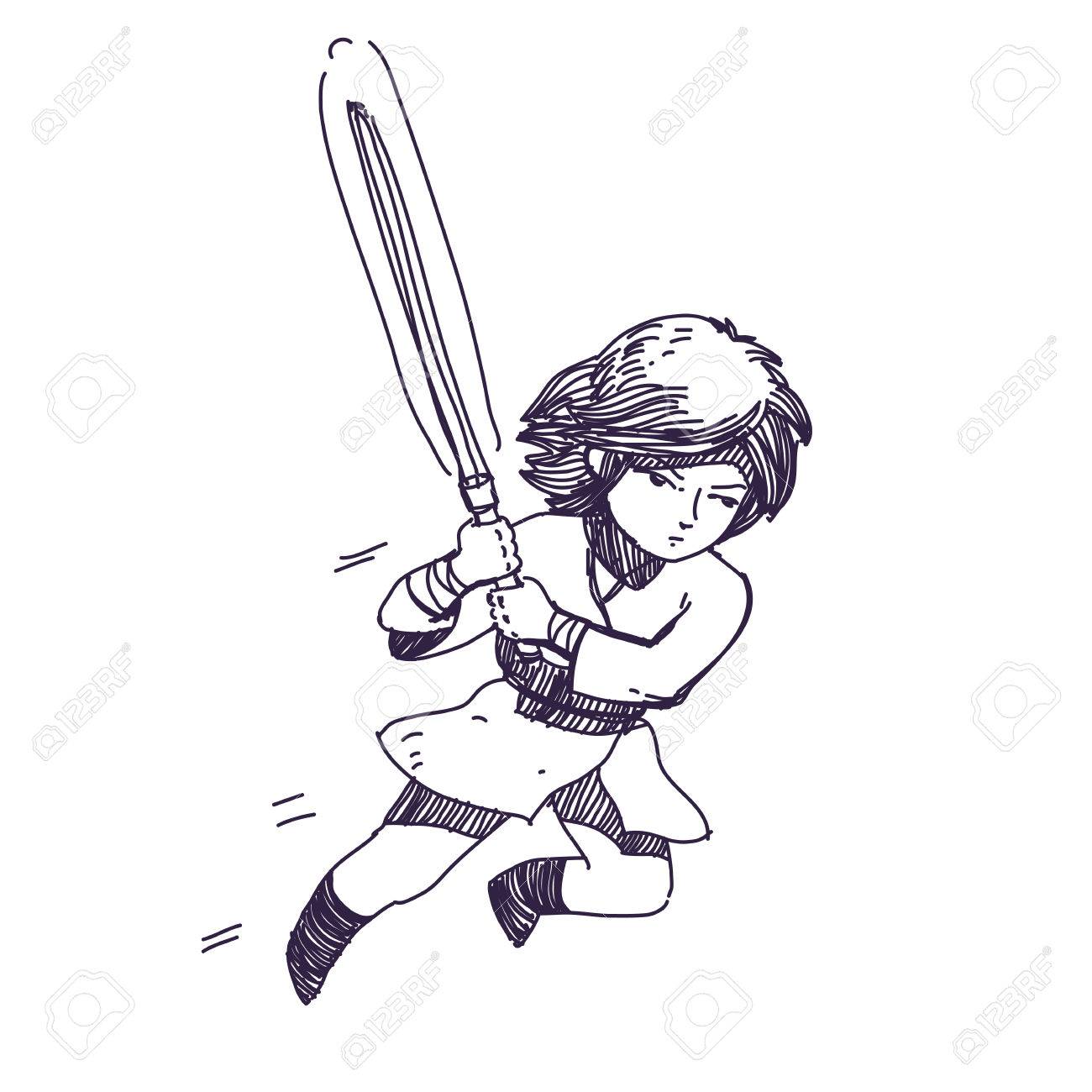 hand drawn jumping warrior character with fire sword royalty free