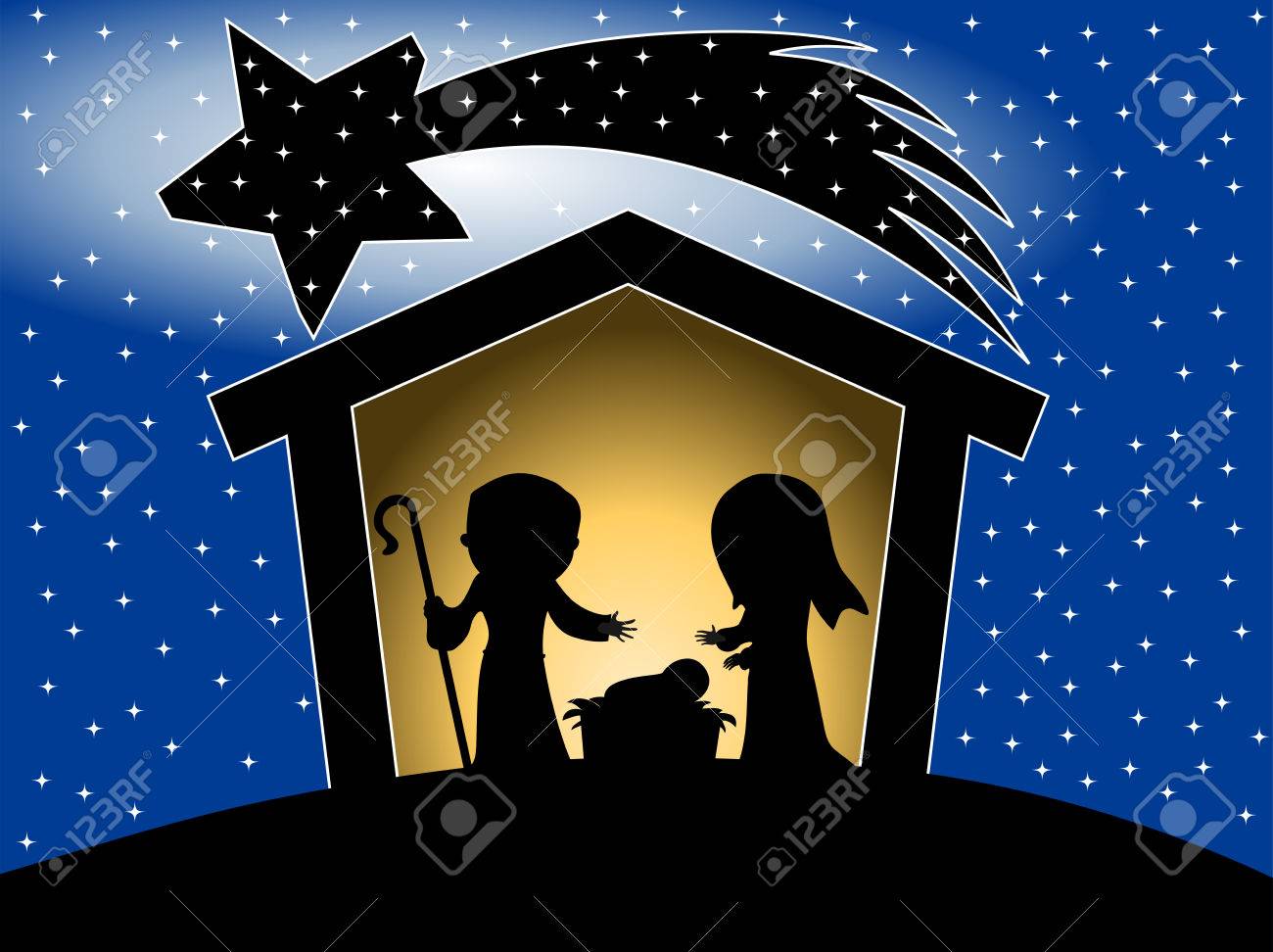 Silhouette Of Christmas Nativity Scene Against Starry Sky Background