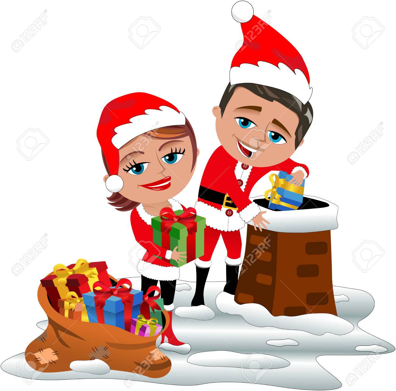 Regali Di Natale Coppia.Vettoriale Coppia Di Babbo Natale Sul Tetto Innevato Consegnare Regali Di Natale Li Gettano Giu Per Il Camino Isolati Image 43789574