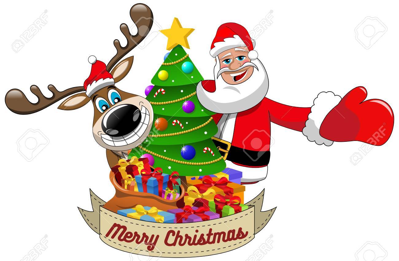 Cartoon Funny Reindeer And Santa Claus Wishing Merry Christmas