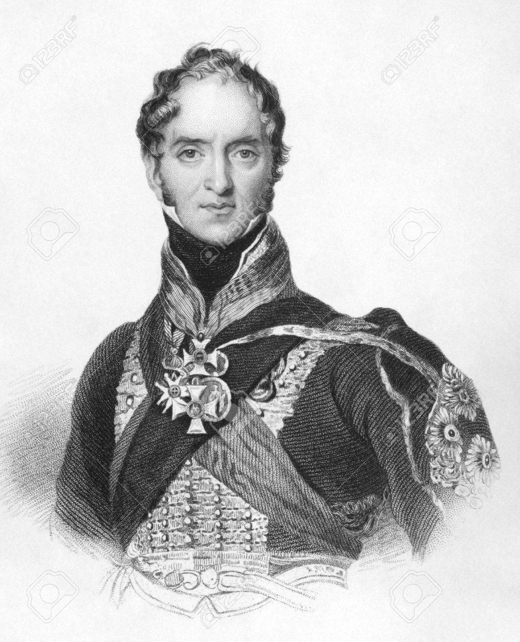 ヘンリー Paget 第一侯爵のアングルシー島 1768年 1854 年 1800 年代から彫刻 イギリスの軍事指導者および政治家 主記憶電荷をリードしてふもとの列に対して重い騎兵隊のワーテルローの戦いの間に ロンドで公開 の写真素材 画像素材 Image