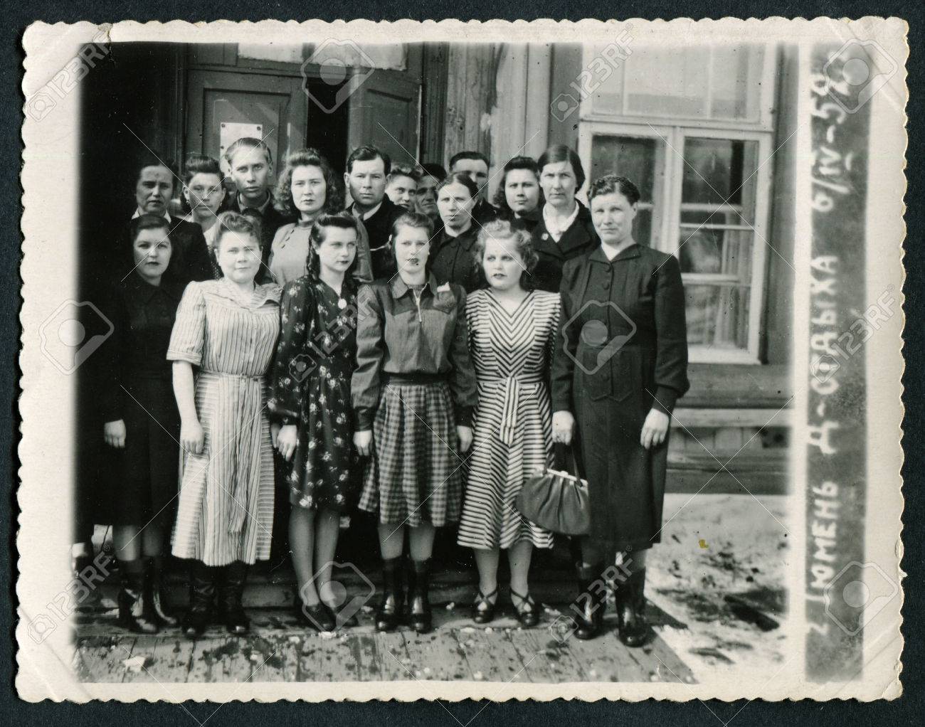 Ussr circa 1950s an antique black white photo show group travelers caption