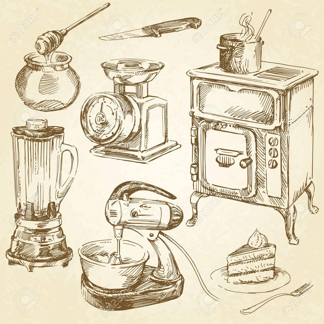 Vintage Kitchen Utensils Illustration vintage cookware, kitchen utensil - hand drawn set royalty free Vintage Kitchen Utensils Illustration vintage cookware, kitchen utensil - hand drawn set royalty free
