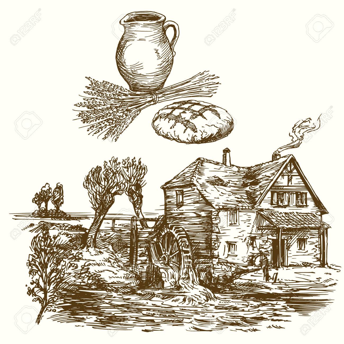 Old Watermill Hand Drawn Illustration