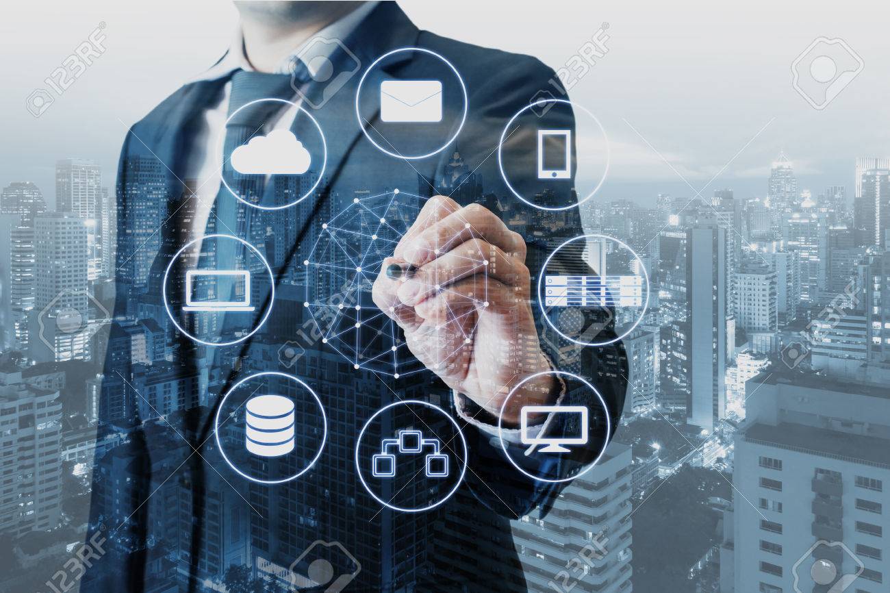 Double exposure of professional businessman connected devices with world digital technology internet and wireless network on touch screen and city of business background in business and technology concept - 76461092 Double exposure of professional businessman connected devices with world digital technology internet and wireless network on touch screen and city of business background in business and technology concept - 76461092