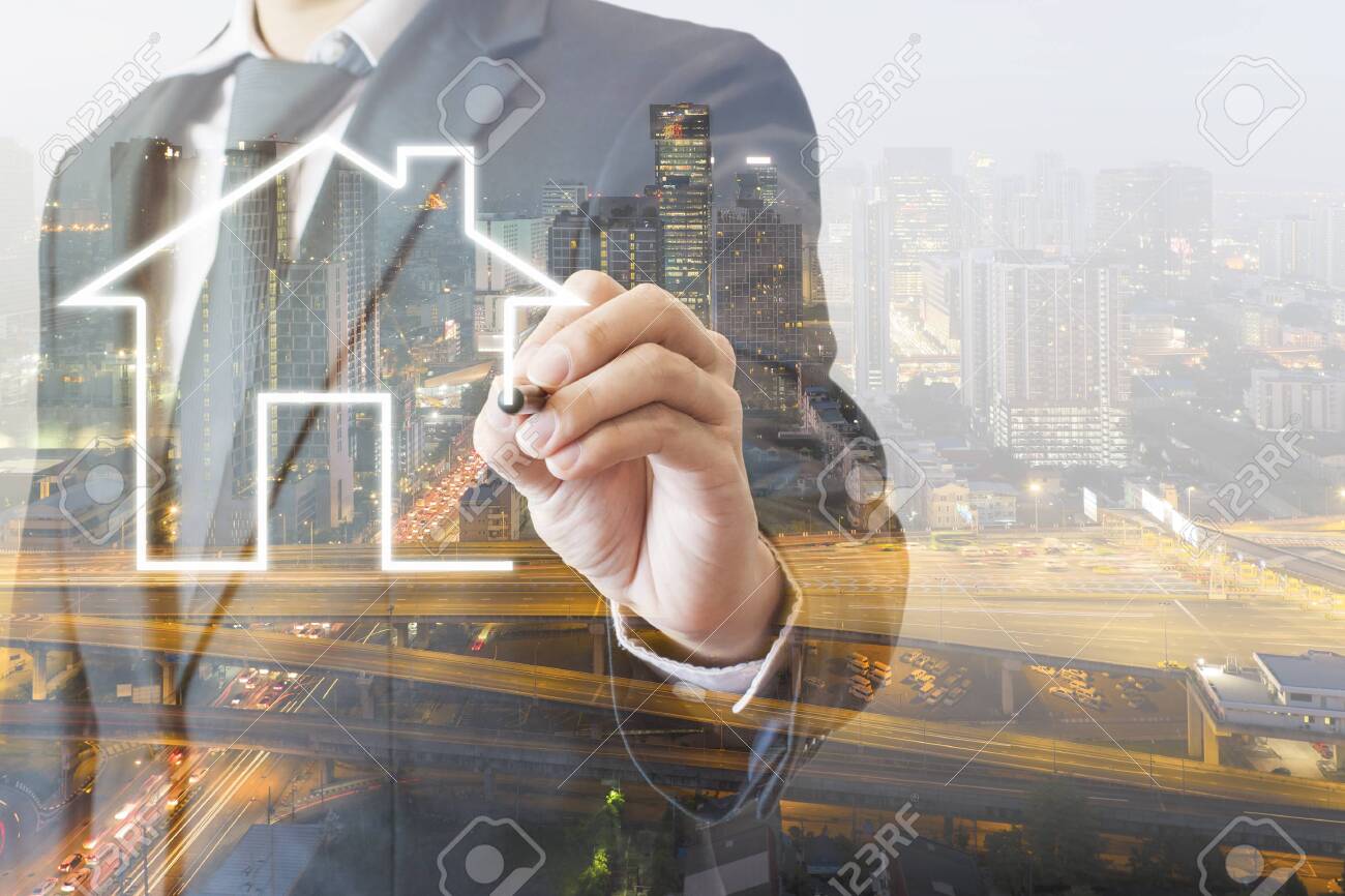 Double exposure of professional businessman drawing house with city of business background in real estate property concept - 124002326 Double exposure of professional businessman drawing house with city of business background in real estate property concept - 124002326