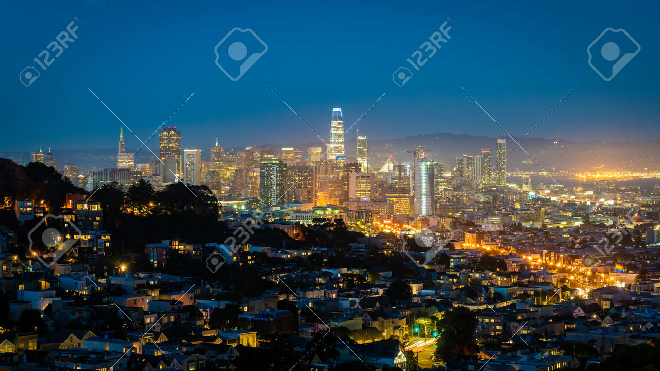 San Francisco, California, USA - August 2019: San Francisco downtown cityscape at night - 164356011 San Francisco, California, USA - August 2019: San Francisco downtown cityscape at night - 164356011