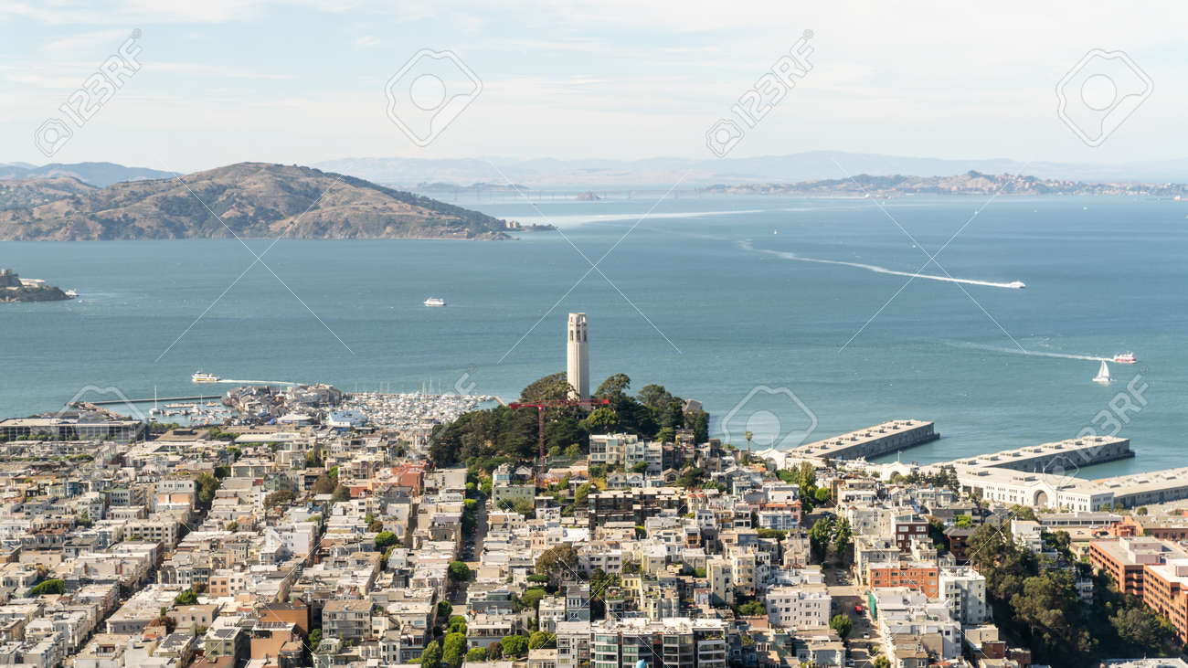 San Francisco, California, USA - August 2019: San Francisco cityscape overlooking Alcatraz Island - 164355971 San Francisco, California, USA - August 2019: San Francisco cityscape overlooking Alcatraz Island - 164355971