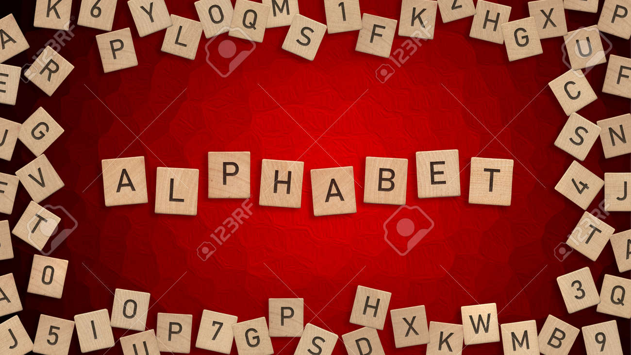 Top view of word Alphabet written with wooden letters with scattered alphabet letters in background - 172251617 Top view of word Alphabet written with wooden letters with scattered alphabet letters in background - 172251617