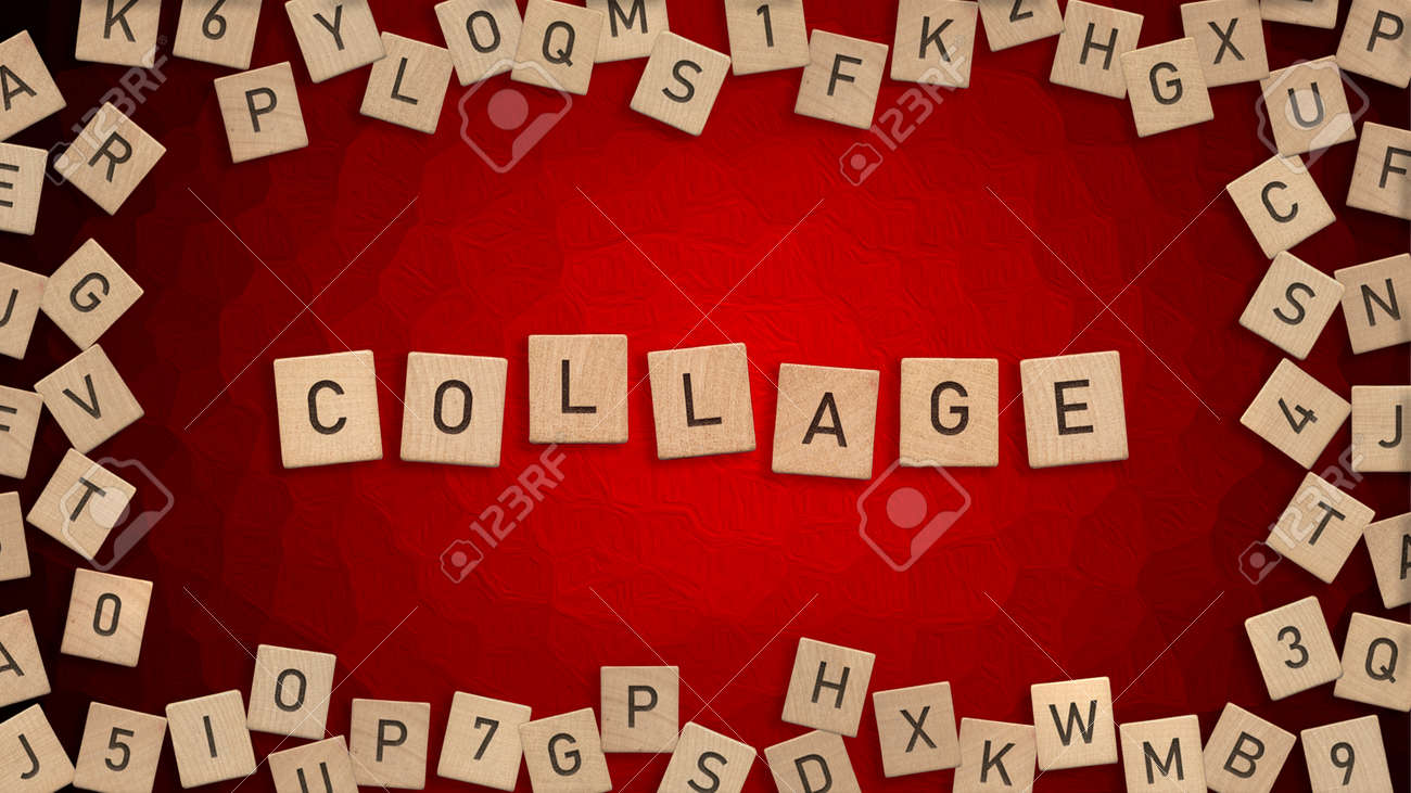 Top view of word Collage written with wooden letters with scattered alphabet letters in background - 172251624 Top view of word Collage written with wooden letters with scattered alphabet letters in background - 172251624