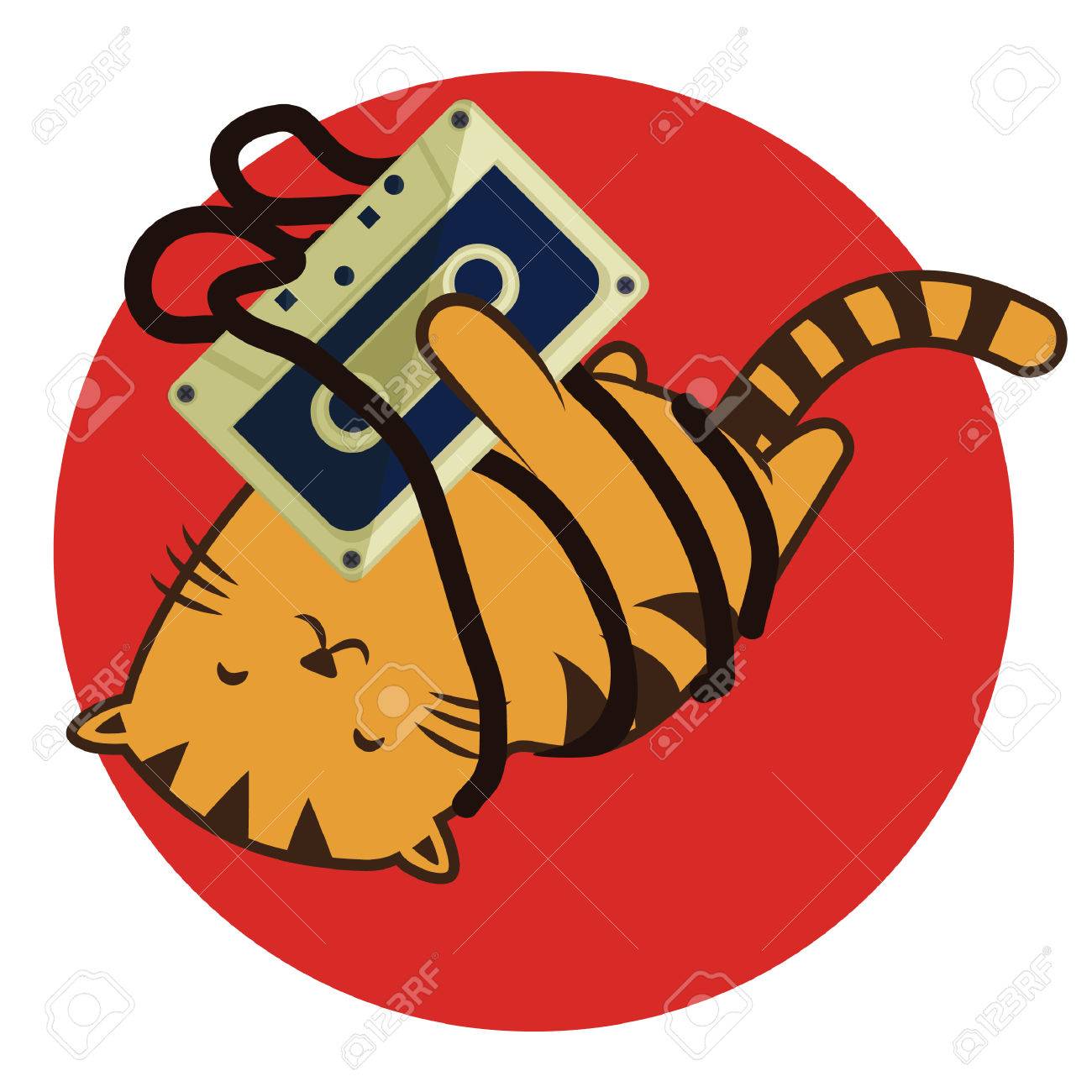 cat cartoon rolling around with cassette tape stock photo picture