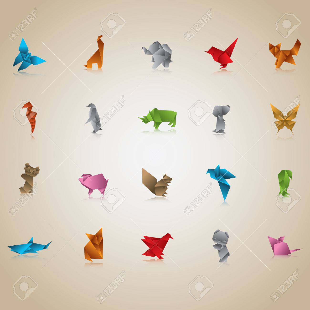 Set Of Origami Animals And Birds