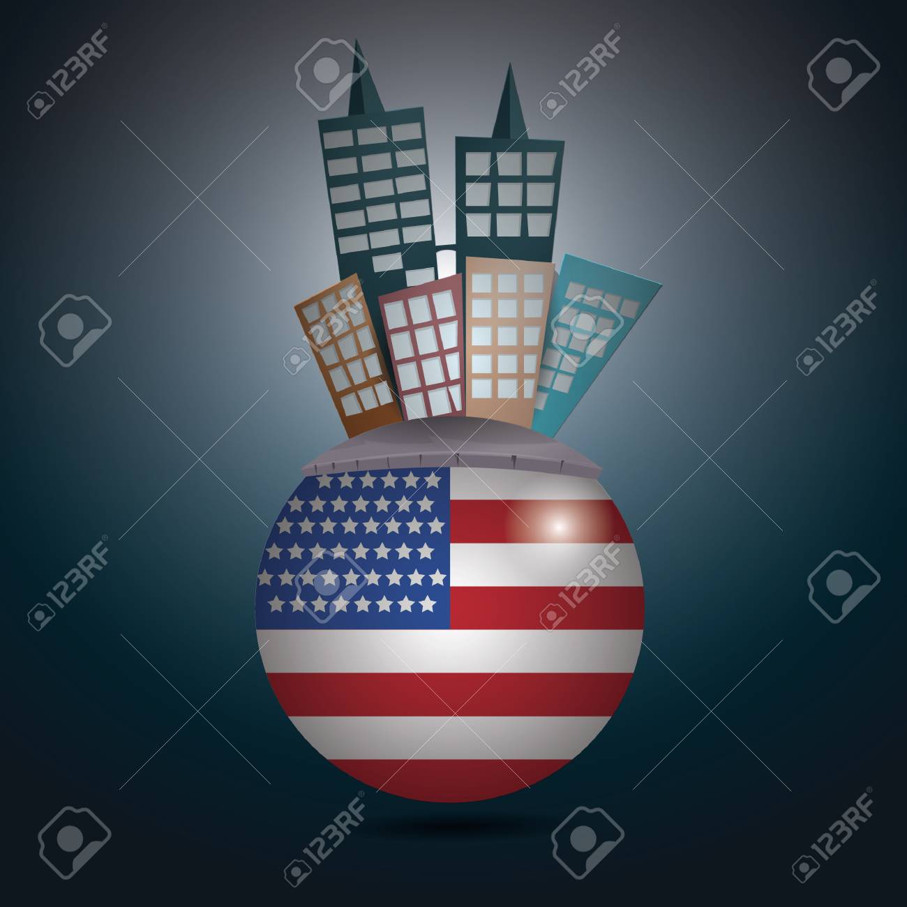 buildings on a rounded usa flag royalty free cliparts vetores e