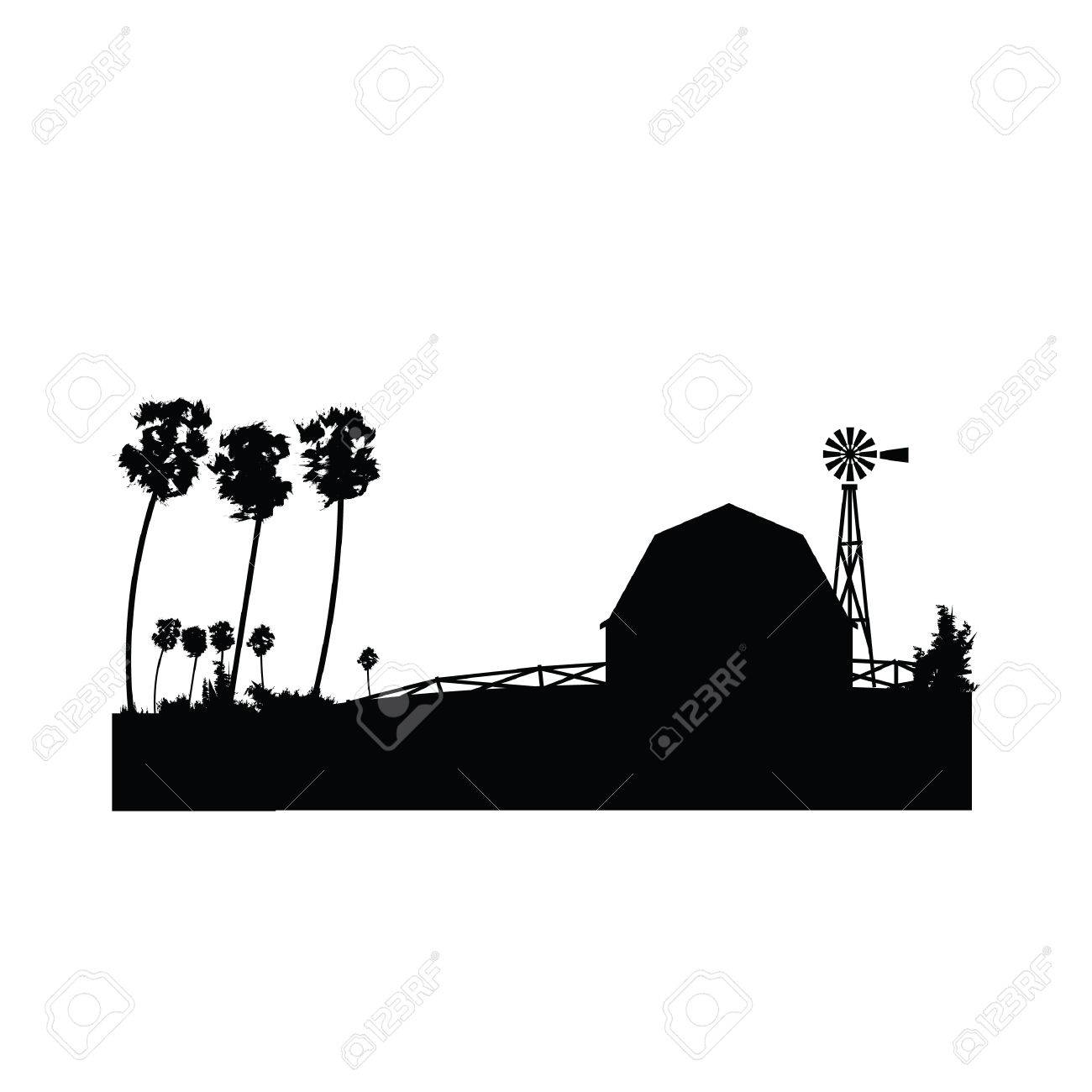 Silhouette Of Farmhouse With A Windmill Бесплатный Вектор и графика  81538835.