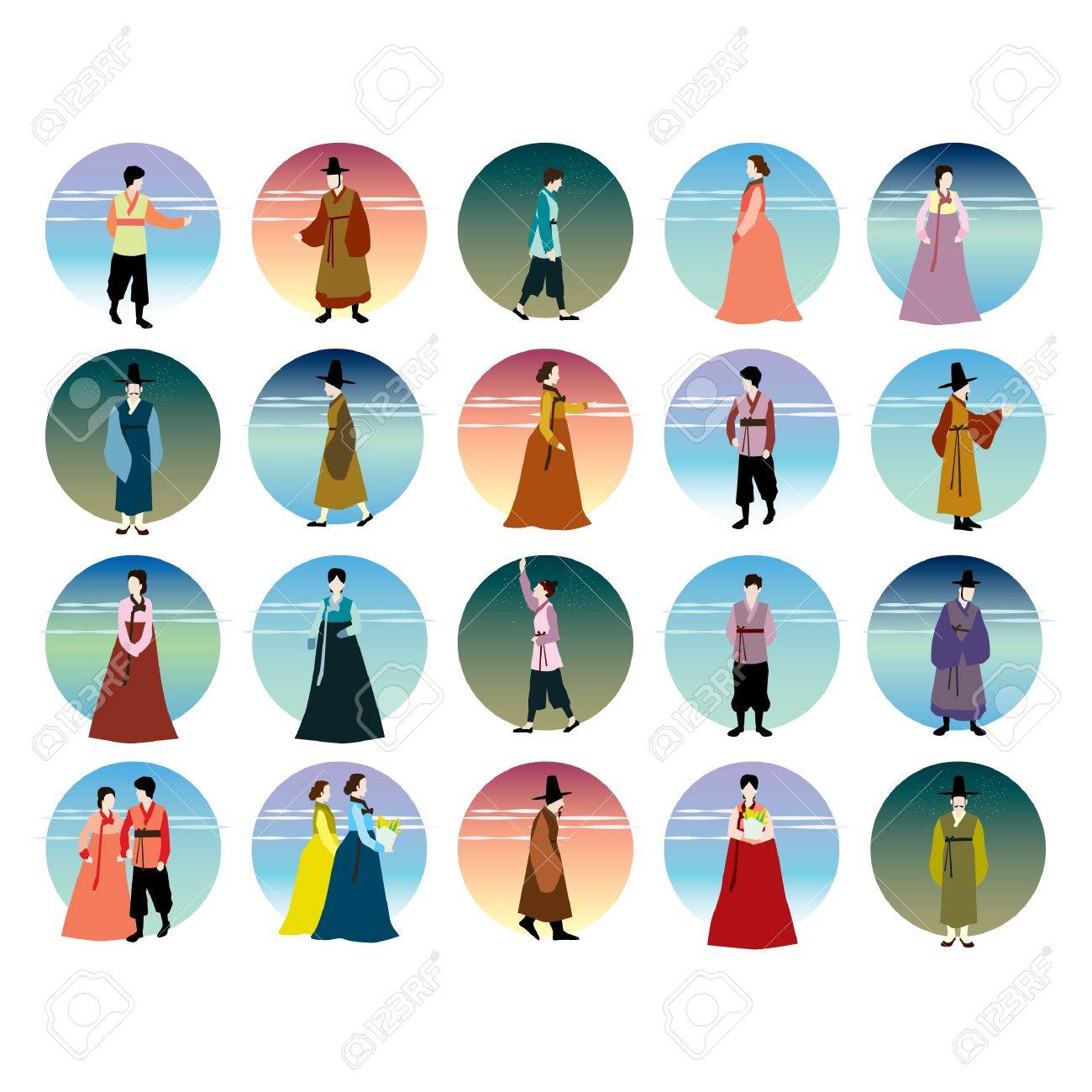韓国の韓服アイコンのセットのイラスト素材 ベクタ Image 韓国の韓服アイコンのセットのイラスト素材 ベクタ Image