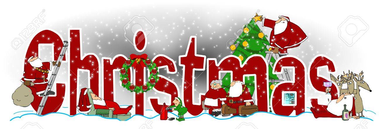 Decorazioni Natalizie Word.Immagini Stock Illustrazione Della Parola Natale Con Illustrazioni Di Babbo Natale E La Signora Claus Un Elfo Renne E Un Albero Intervallati Image 82500961