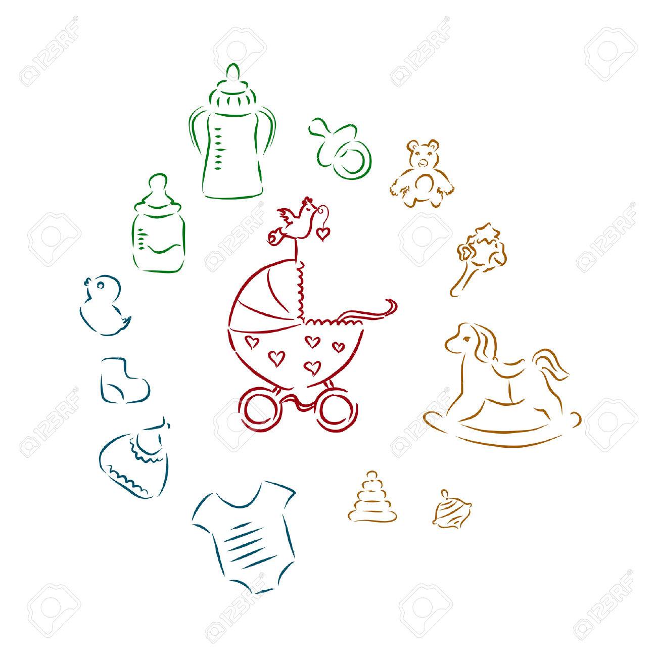 Illustration With Baby Clothes And Toys In The Style Of The Drawing Royalty Free Cliparts Vectors And Stock Illustration Image