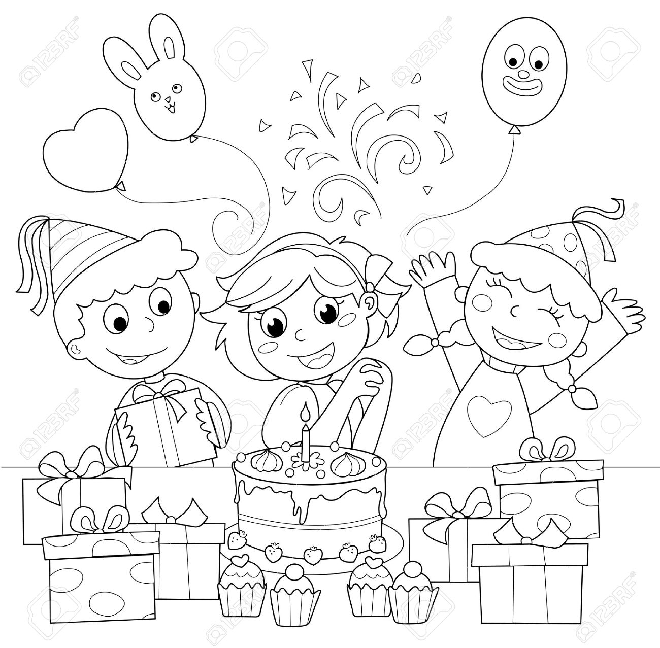 Geburtstags Party Frohliches Madchen Mit Kuchen Und Geschenke Schwarz Weiss Abbildung Lizenzfrei Nutzbare Vektorgrafiken Clip Arts Illustrationen Image 10988128