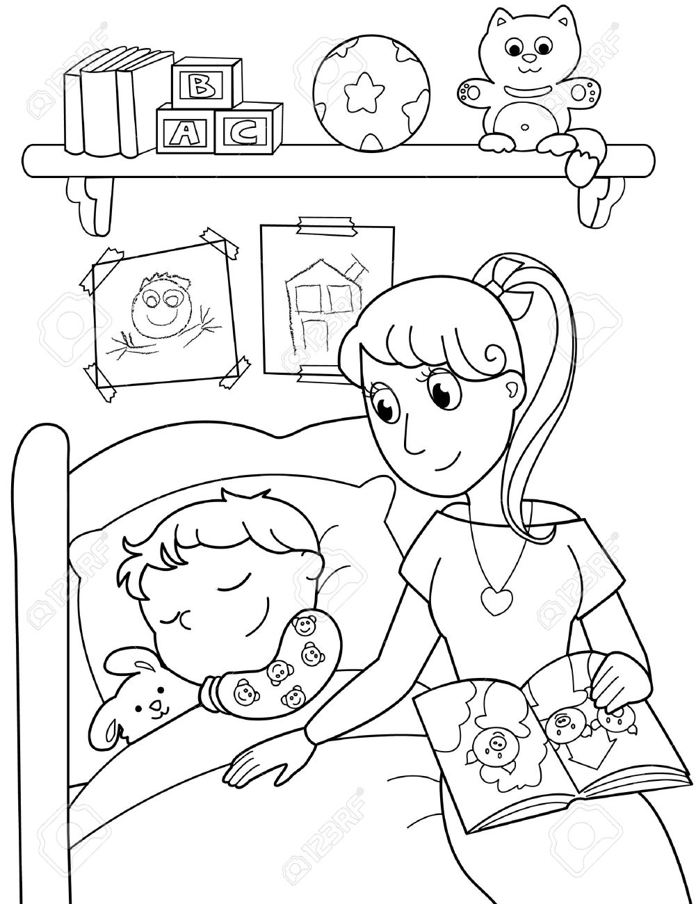 かわいい子がお母さんと一緒にベッドで寝ています 黒と白のイラスト のイラスト素材 ベクタ Image 10988138