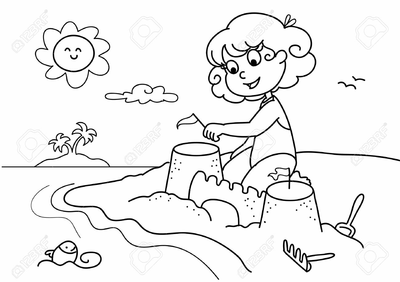 Young Girl Playing With Sand At The Beach On Holiday. Coloring ... Young Girl Playing With Sand At The Beach On Holiday. Coloring ...