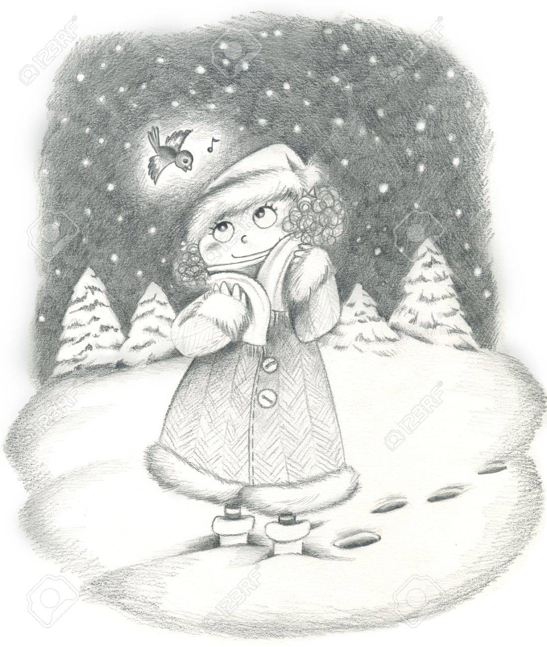 雪に覆われた冬の風景 手で若い女の子に作った鉛筆で描いたイラスト の写真素材 画像素材 Image