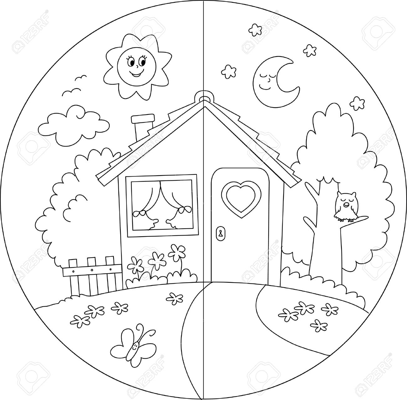 Nuit Et Jour De Vue Un Vecteur De Bande Dessinee Pays Coloriage Maison Pour Les Enfants Clip Art Libres De Droits Vecteurs Et Illustration Image 13444228