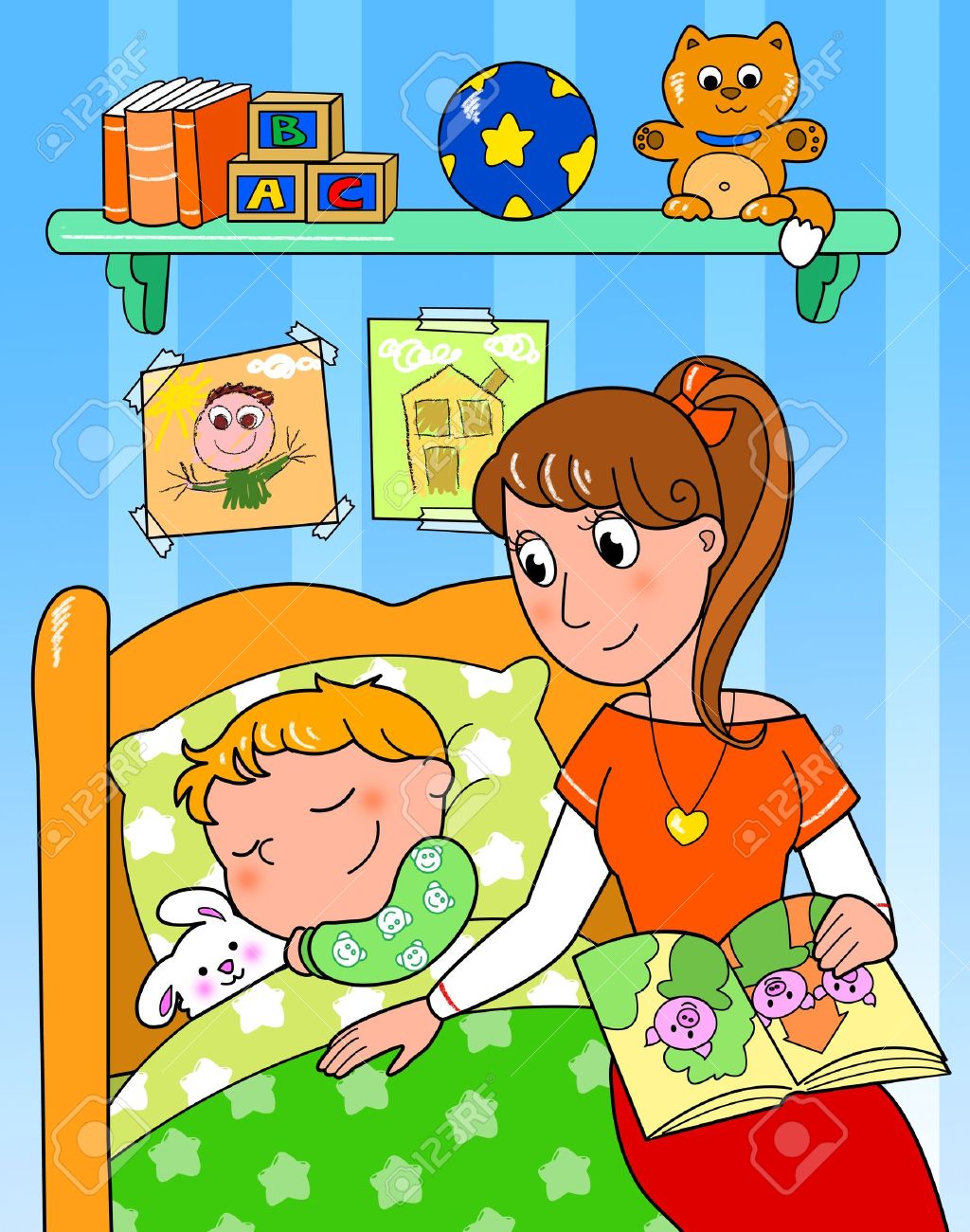 Cute child sleeping in bed with mom, digital illustration - 13681249 Cute child sleeping in bed with mom, digital illustration - 13681249