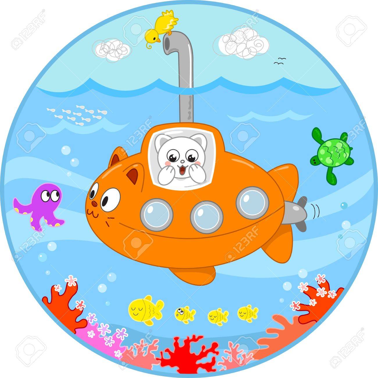 水の下で海の生活を見て驚きと潜水艦でかわいい猫 のイラスト素材 ベクタ Image