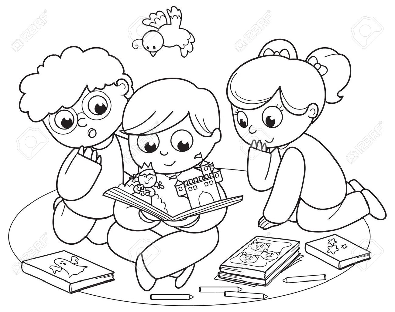 Ilustracion Para Colorear De Amigos Que Leen Un Libro Pop Up Junto