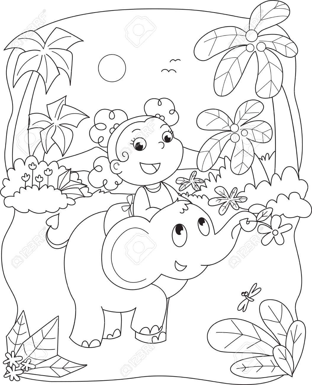 Coloriage illustration d une jeune fille chevauchant un éléphant Banque d images