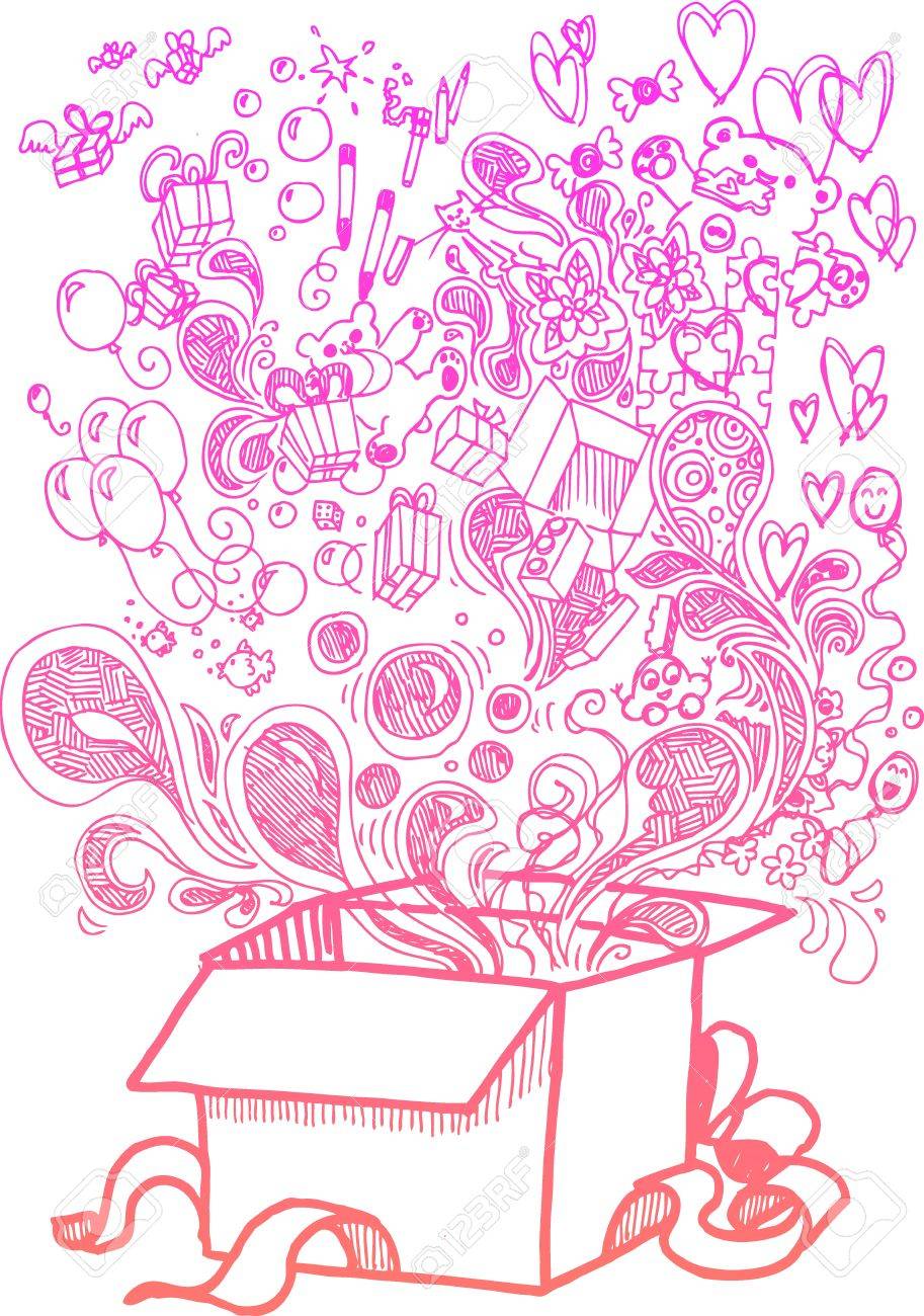 大ざっぱな落書きおもちゃでいっぱいの大きなプレゼント ボックスのイラスト素材 ベクタ Image