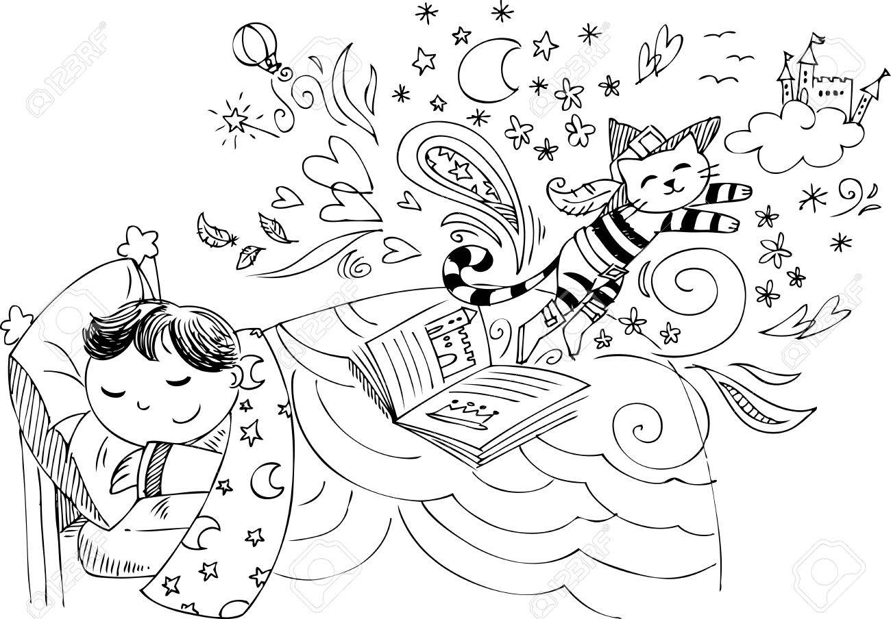 Cute child dreaming about cat wearing boots - 27464301 Cute child dreaming about cat wearing boots - 27464301