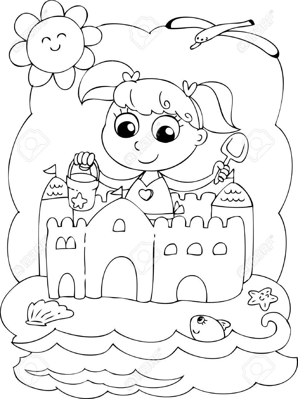 砂と遊ぶかわいい若い女の子を着色 のイラスト素材 ベクタ Image