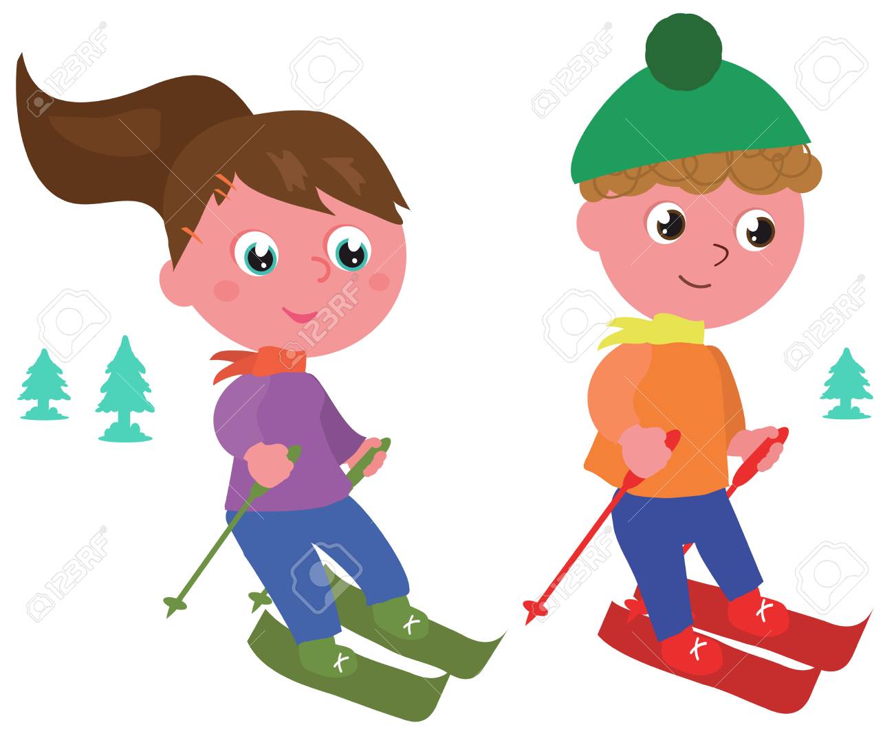 Ilustración De Vector De Esquí Niño Y Niña Aislado En Blanco Ilustraciones  svg, vectoriales, clip art vectorizado libre de derechos. Image 80717660