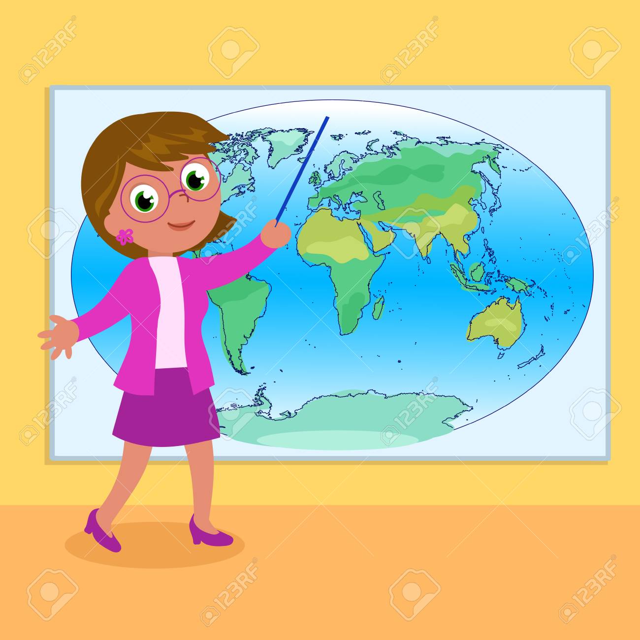 vector woman geography teacher with world map cartoon illustration