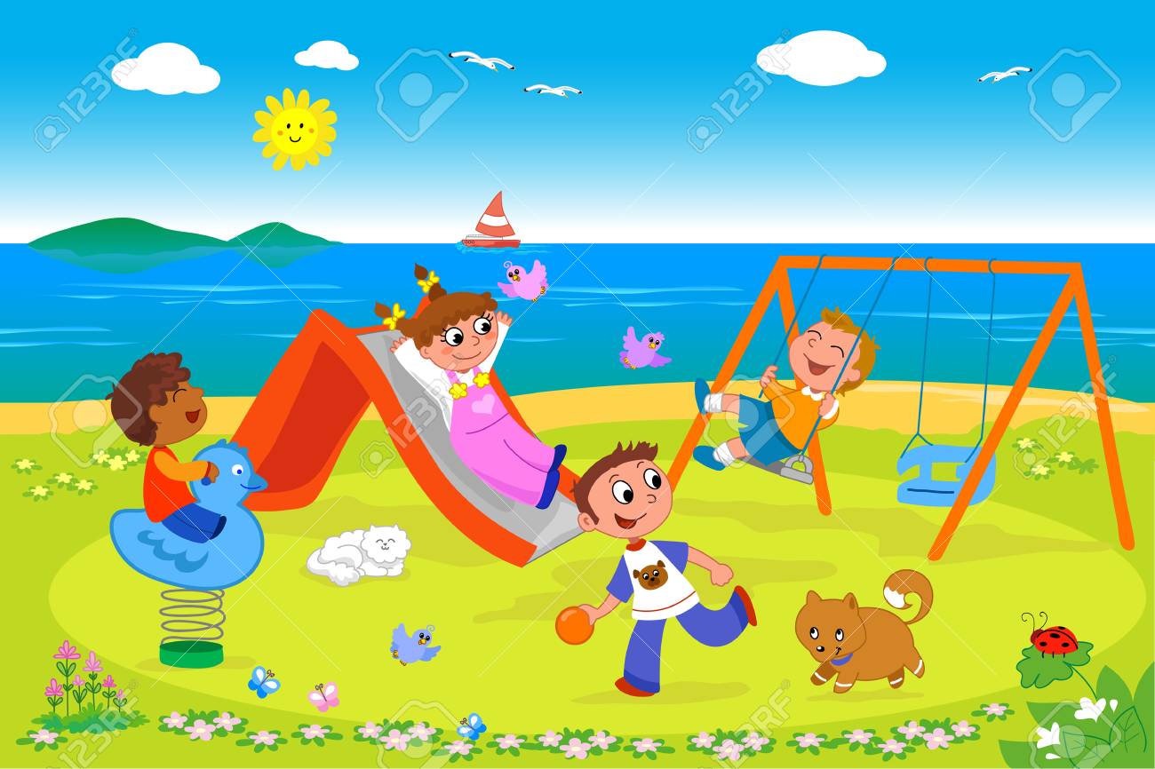 漫画の海辺で遊び場で一緒に遊ぶ子供たちのイラスト のイラスト素材 ベクタ Image