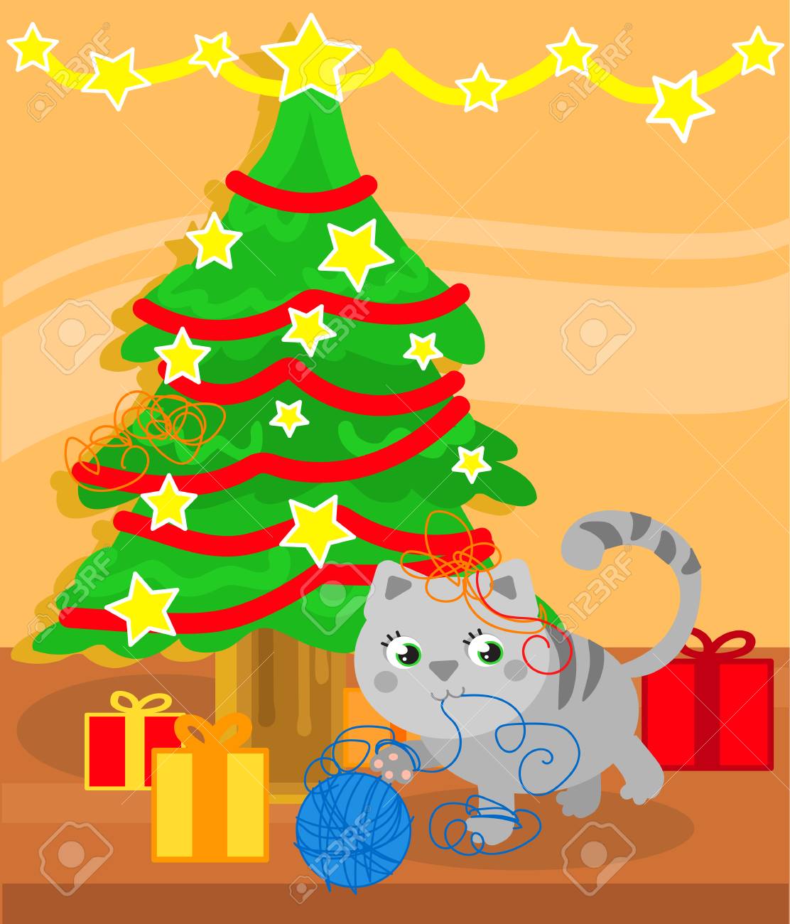 クリスマス ツリーとかわいい子猫猫イラスト、羊毛ボールで遊ん