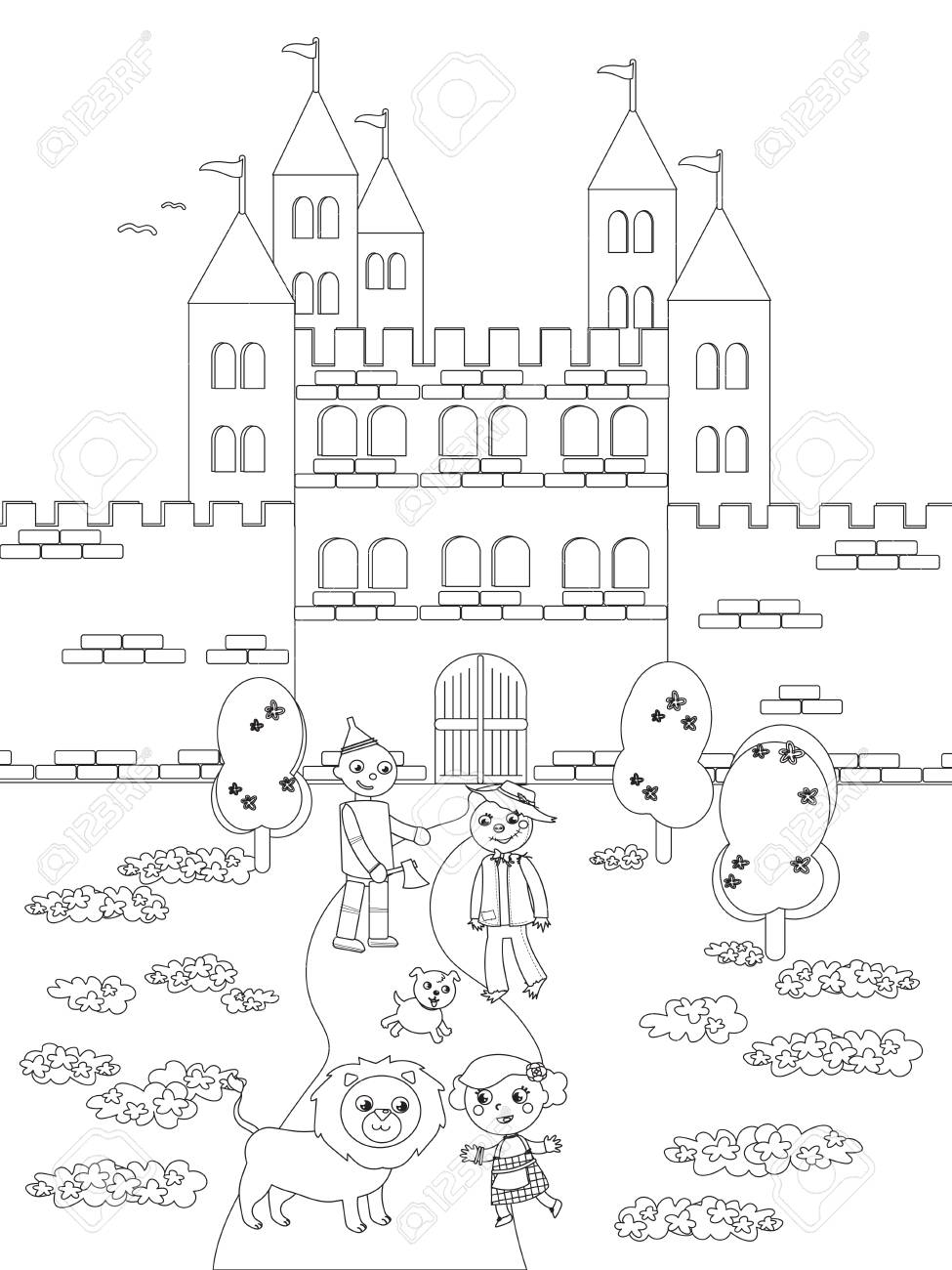 オズ ドロシーの魔法使いが犬 かかし スズマンと一緒にエメラルドシティに到着し カラーリングのイラスト素材 ベクタ Image