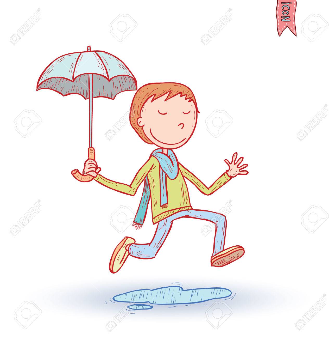 Little Boy Walking In The Rain Vector Illustration Royalty Free