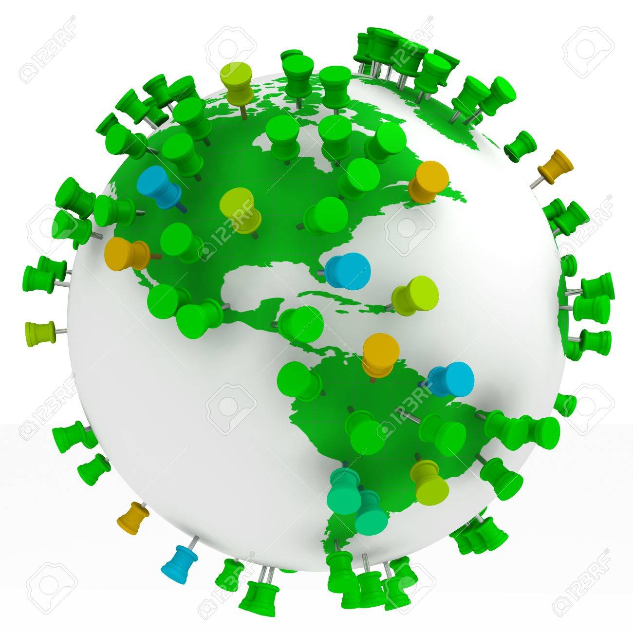 globe world map and push pins isolated in white stock photo picture