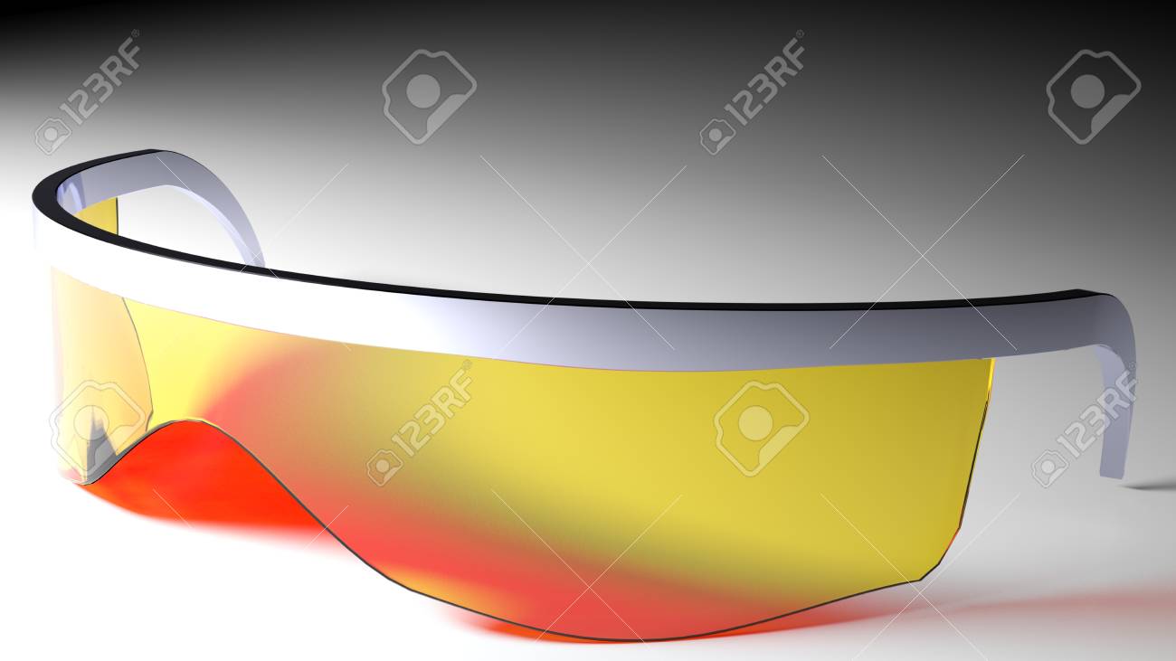モダンな未来的なデザインのサングラスの概念 構造はクローム メッキ プラスチック レンズは目を囲むだけのワンピース 頭のすべてのフロント部分に建てられました レンズは 黄色と赤色の反射色を持っています の写真素材 画像素材 Image 0196