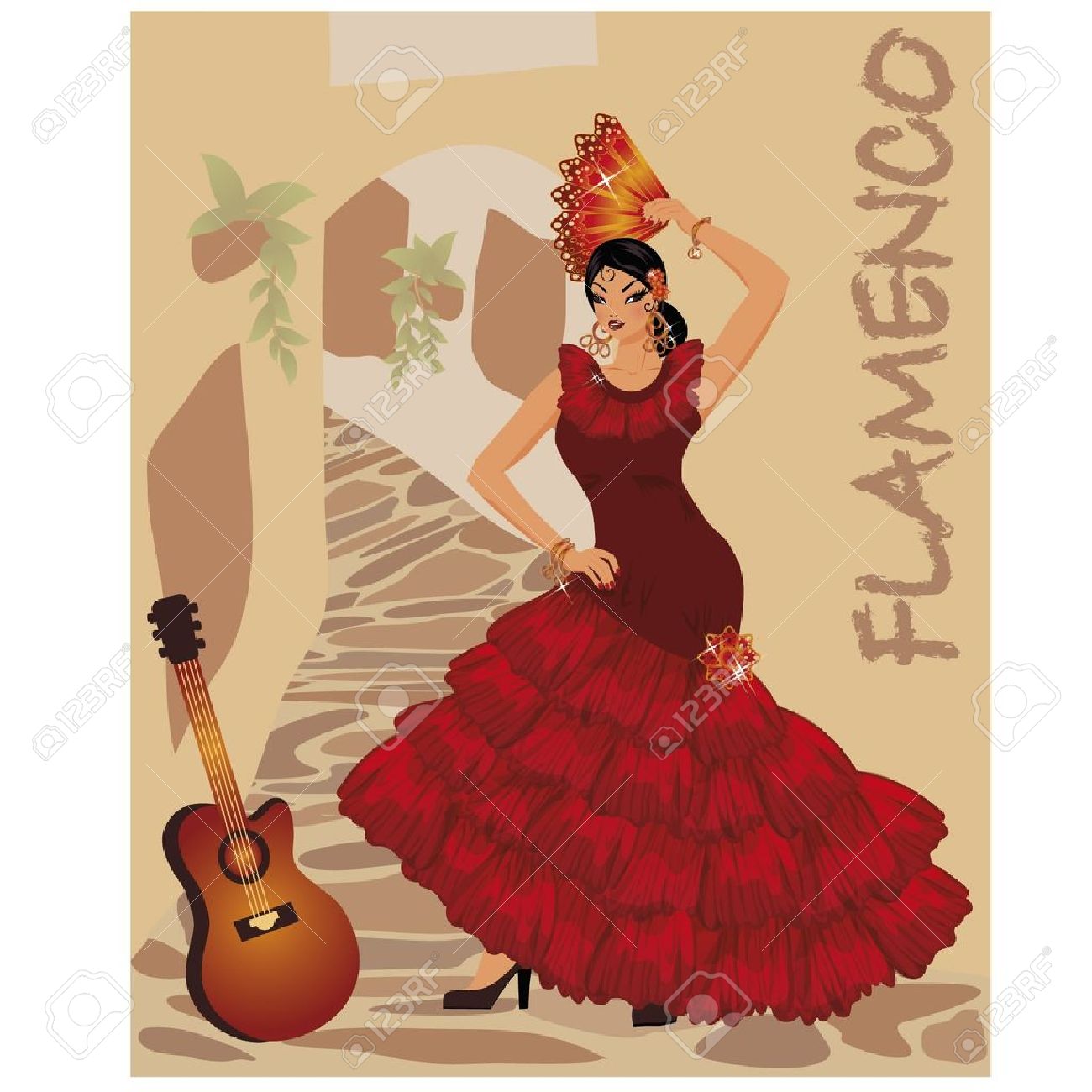ファンとギター イラストのフラメンコ ダンサーの女の子 のイラスト素材 ベクタ Image