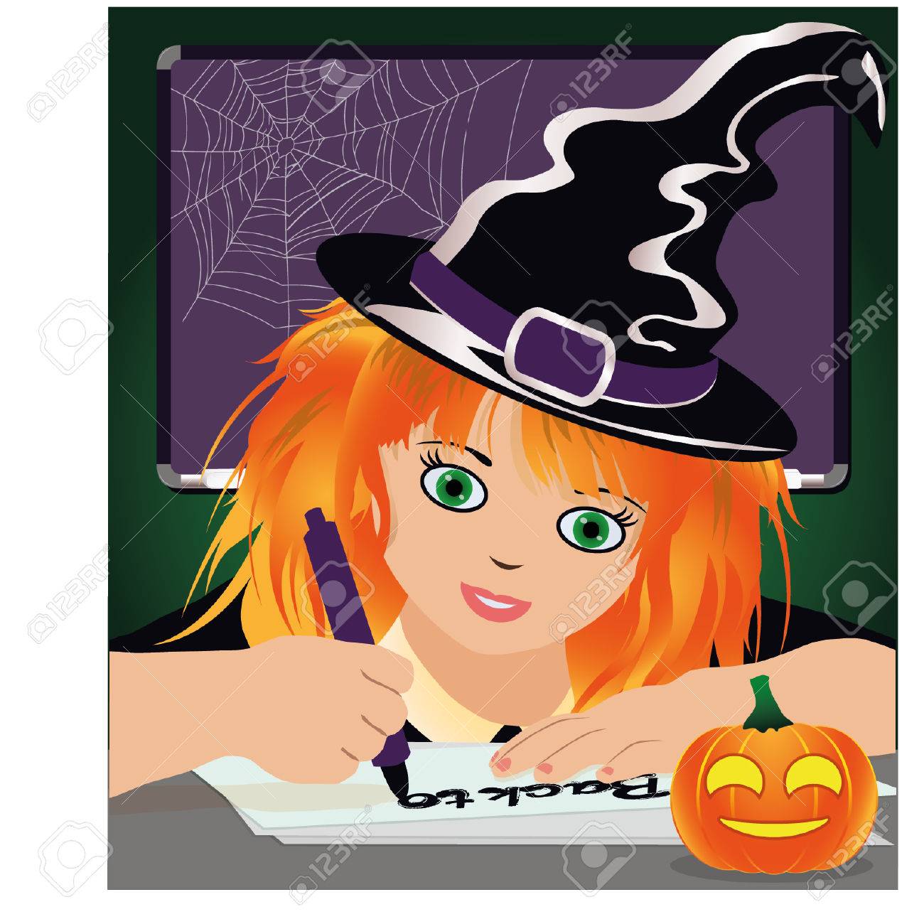 魔女の学校に戻る かわいい魔女図書館で勉強します ベクトル図 のイラスト素材 ベクタ Image